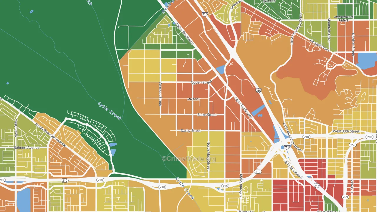 Muscoy, San Bernardino, CA Map of Robbery Rates