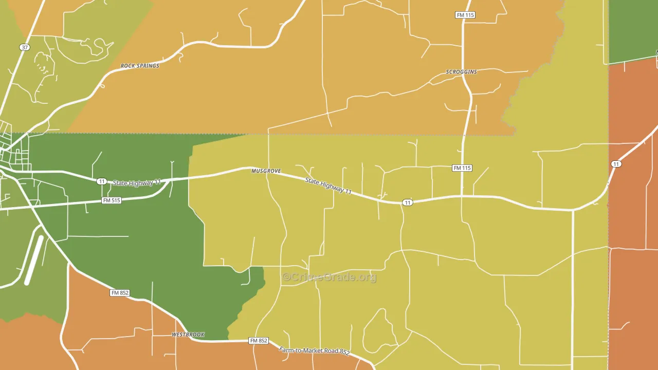 Musgrove, TX Map of Robbery Rates
