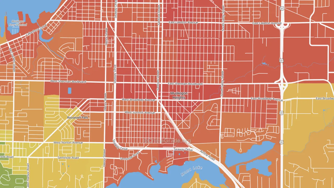 Muskegon Heights, MI Map of Robbery Rates