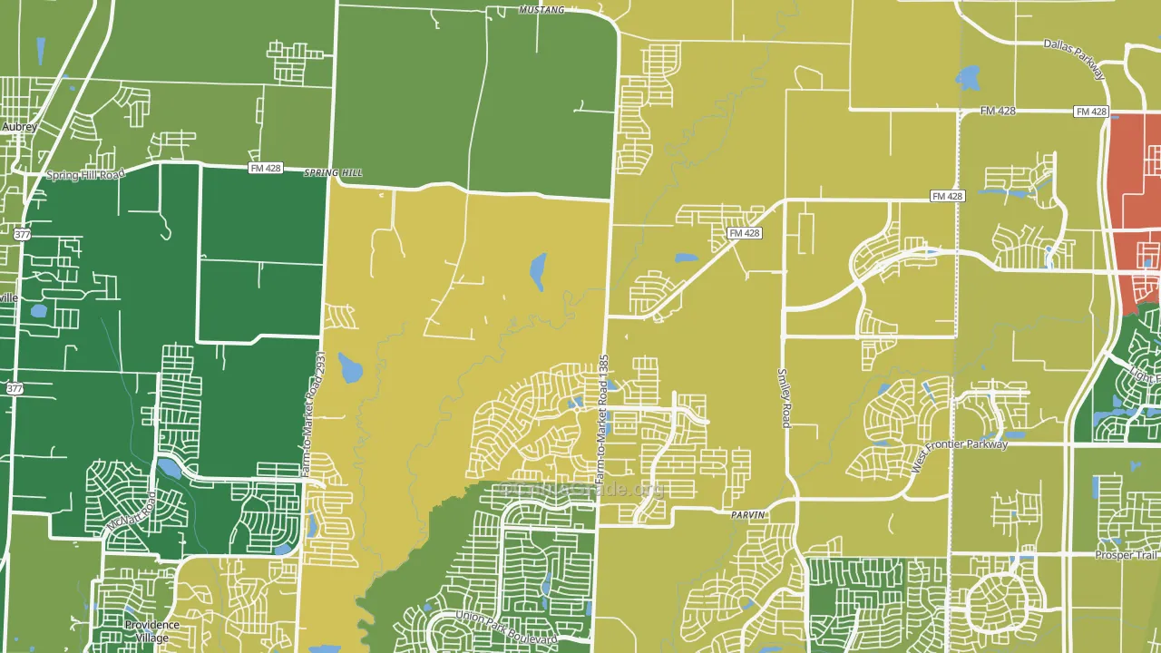 Mustang, TX Map of Robbery Rates