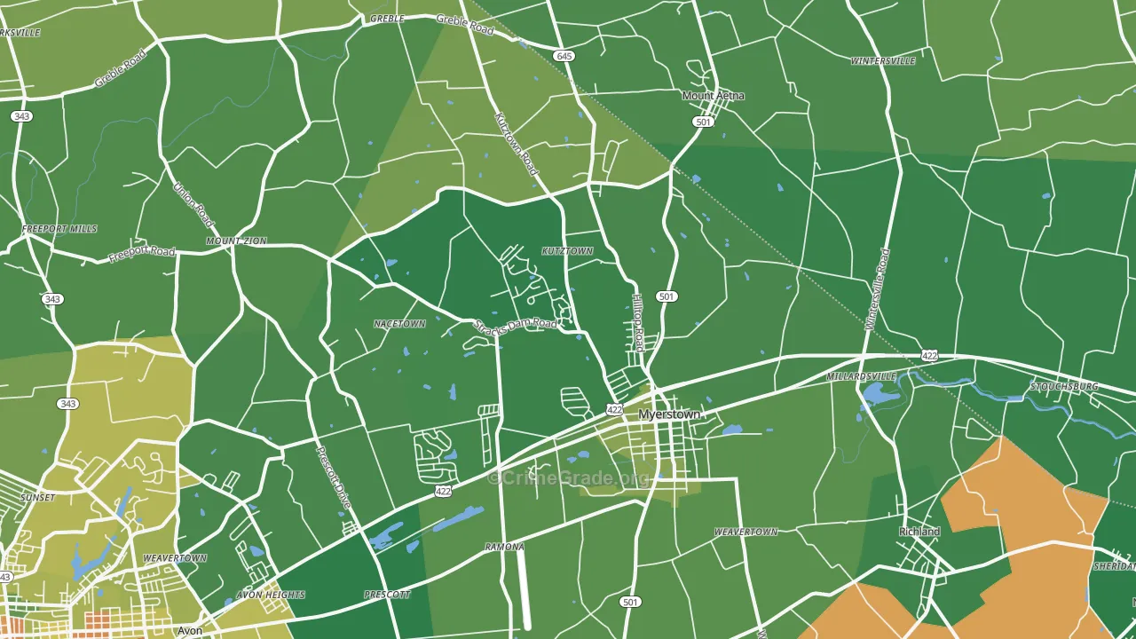 Myerstown, PA Map of Robbery Rates