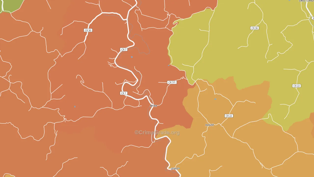 Myra, WV Map of Robbery Rates