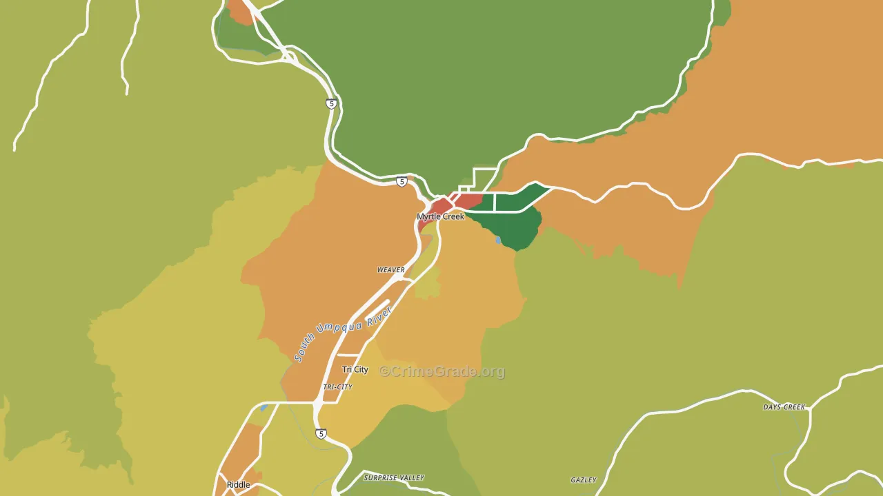 Myrtle Creek, OR Map of Robbery Rates