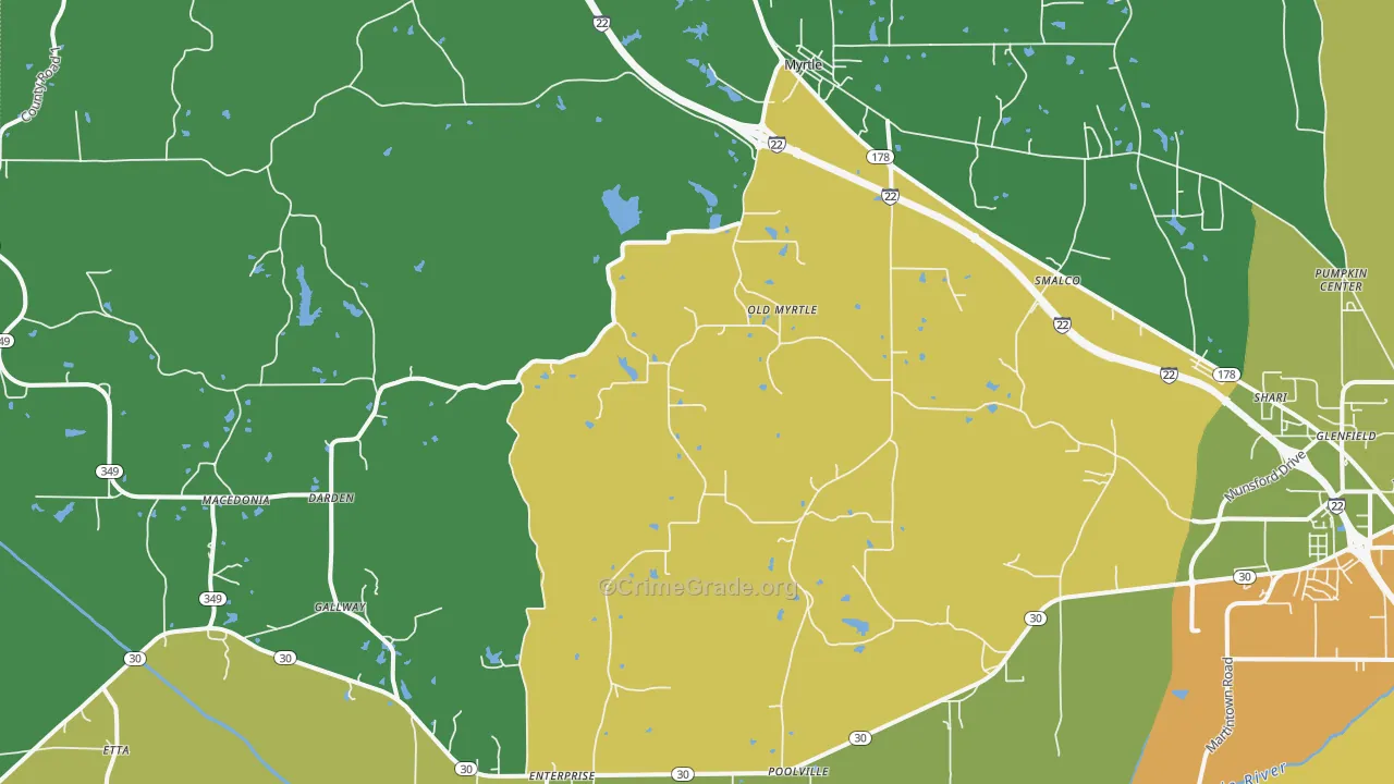 Myrtle, MS Map of Robbery Rates