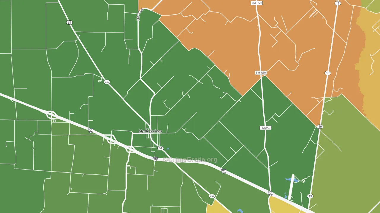 Myrtle Springs, TX Map of Robbery Rates