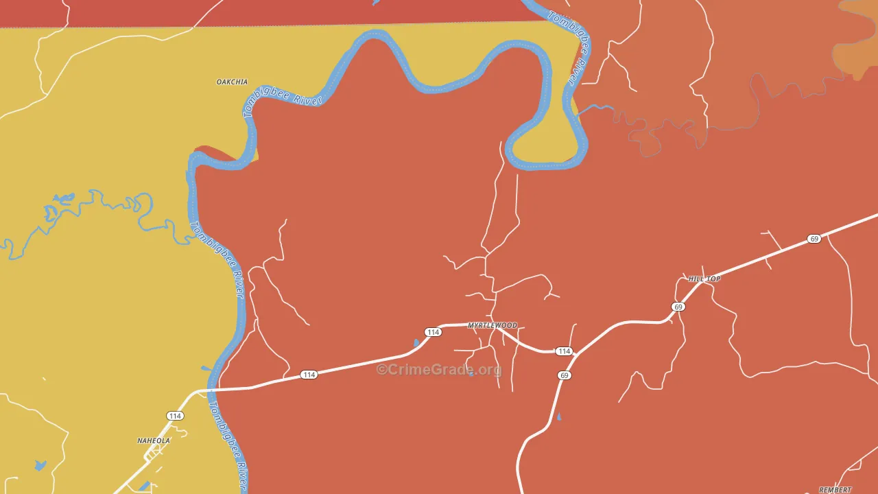 Myrtlewood, AL Map of Robbery Rates