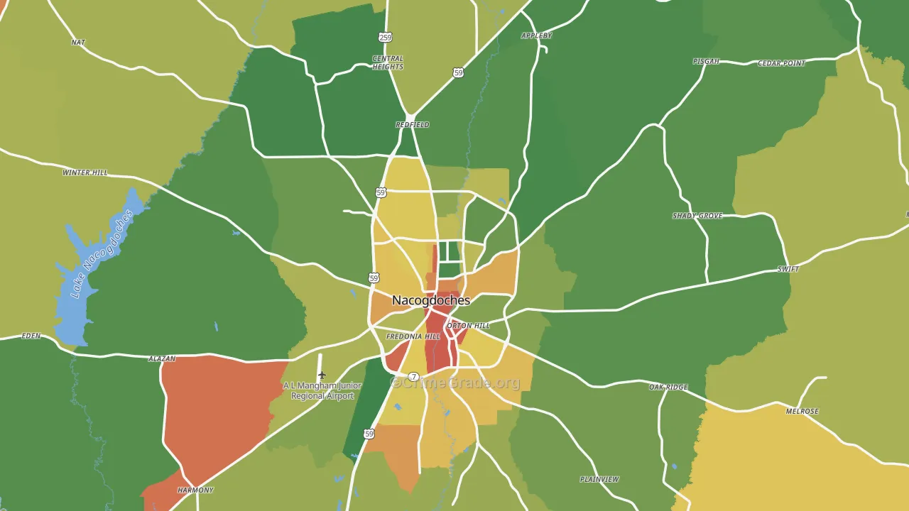 Nacogdoches County, TX Map of Robbery Rates