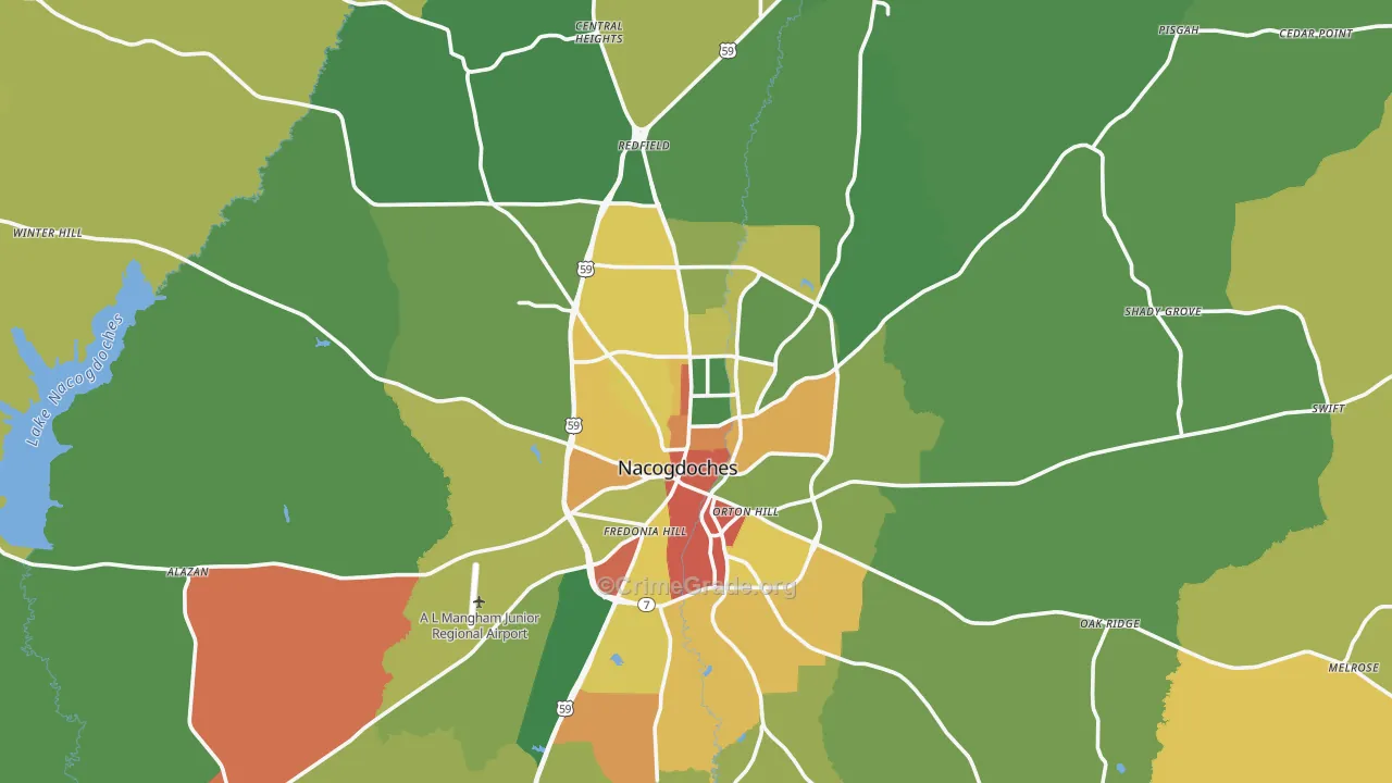 Nacogdoches, TX Map of Robbery Rates
