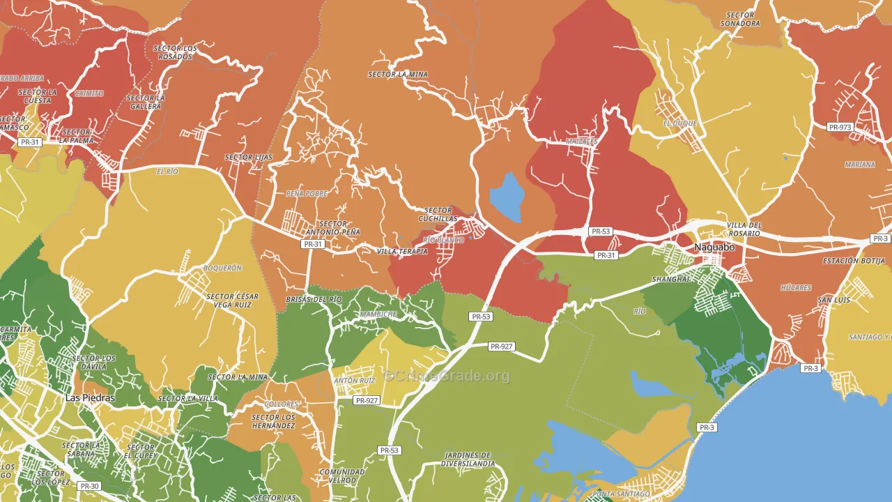 Naguabo, PR Map of Robbery Rates