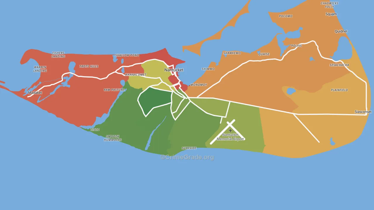 Nantucket County, MA Map of Robbery Rates