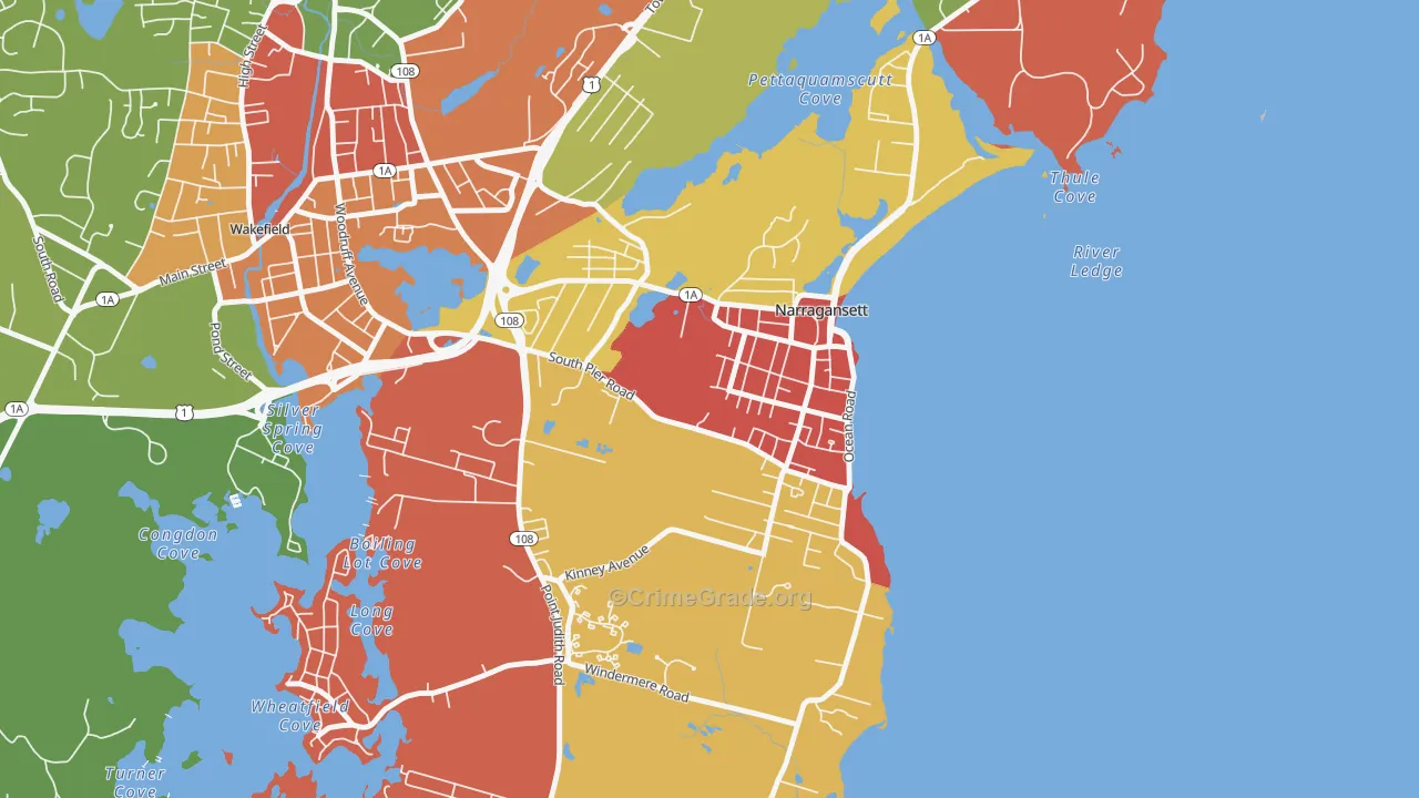 Narragansett Pier, RI Map of Robbery Rates