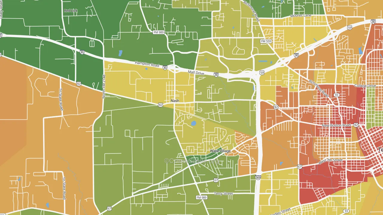 Nash, TX Map of Robbery Rates