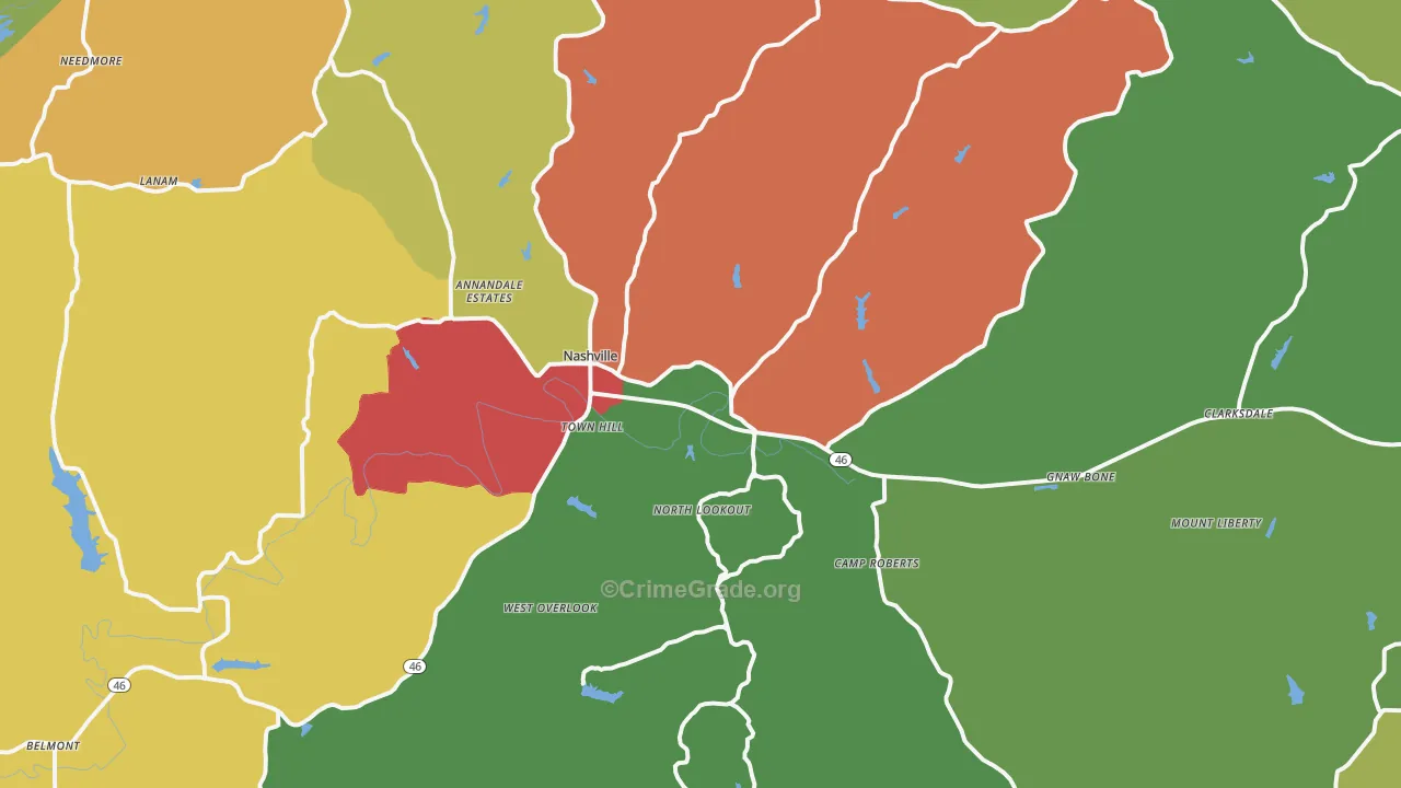 Nashville, IN Map of Robbery Rates