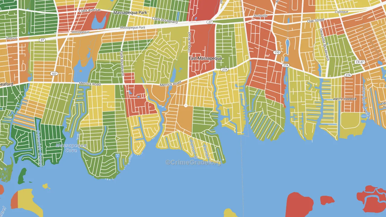 Nassau Shores, East Massapequa, NY Map of Robbery Rates