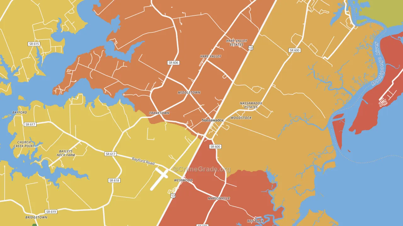 Nassawadox, VA Map of Robbery Rates