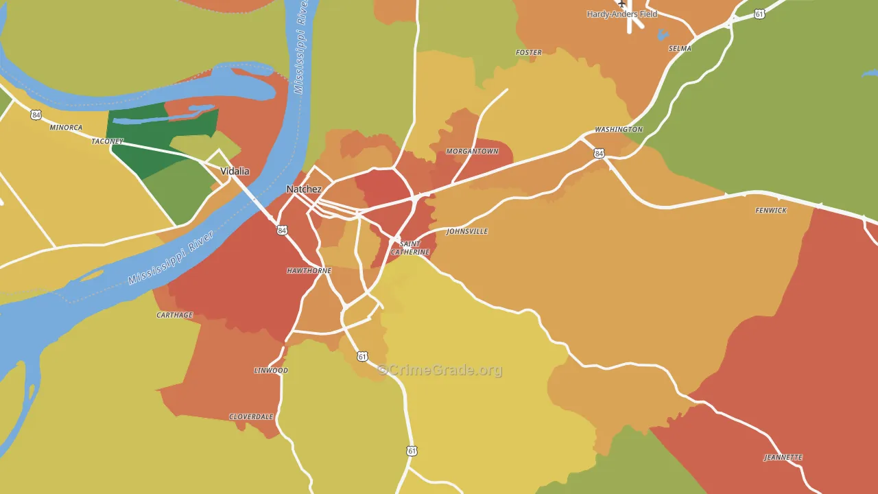 Natchez, MS Map of Robbery Rates