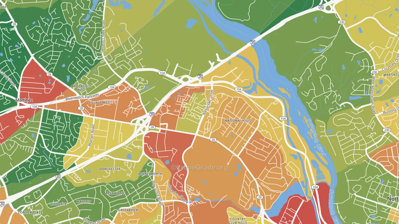 National Hills, Augusta, GA Map of Robbery Rates
