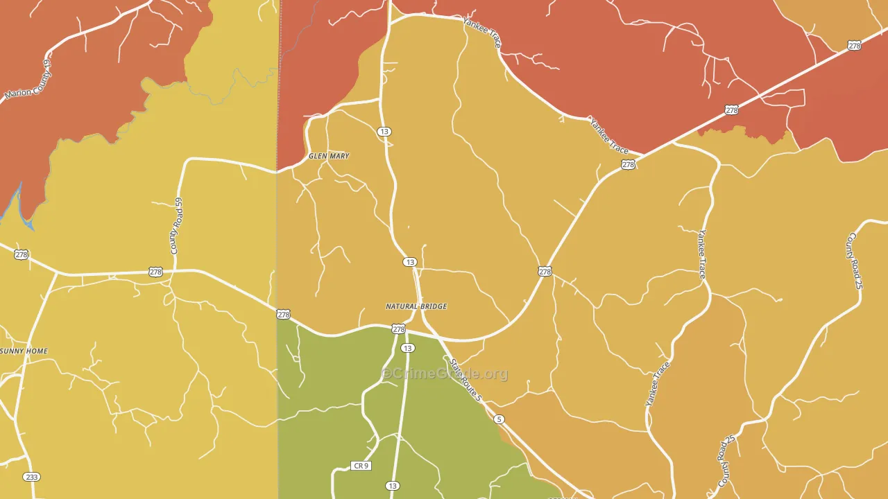 Natural Bridge, AL Map of Robbery Rates