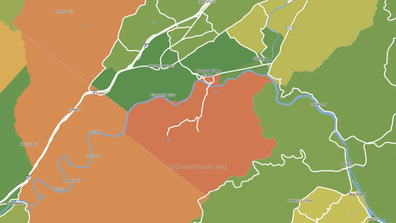 Natural Bridge Station, VA Map of Robbery Rates
