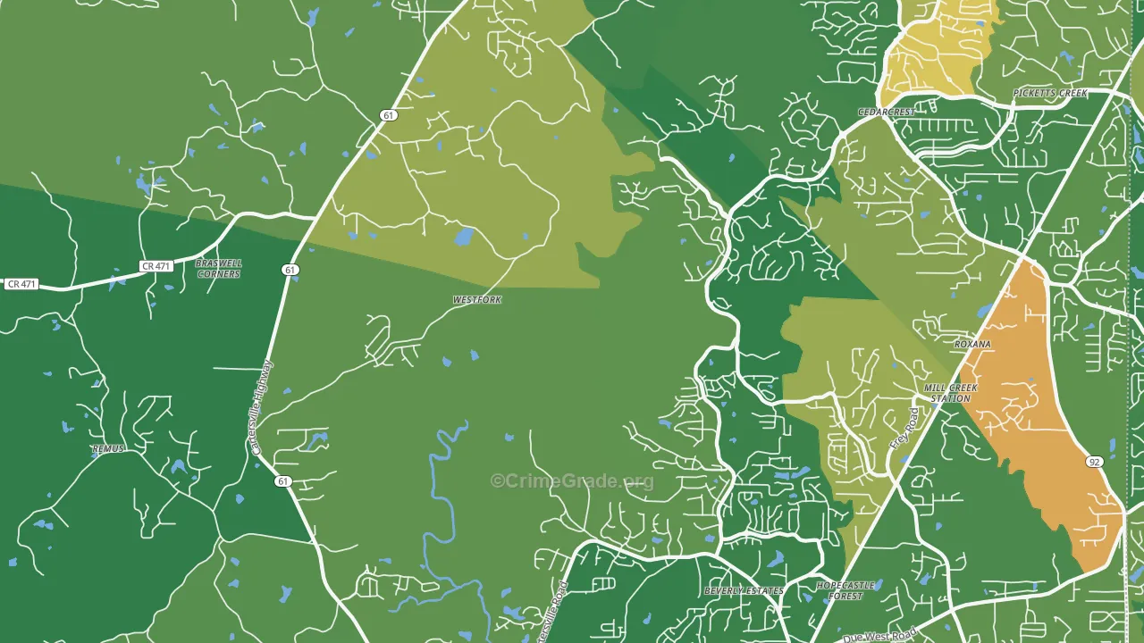 Nebo, GA Map of Robbery Rates