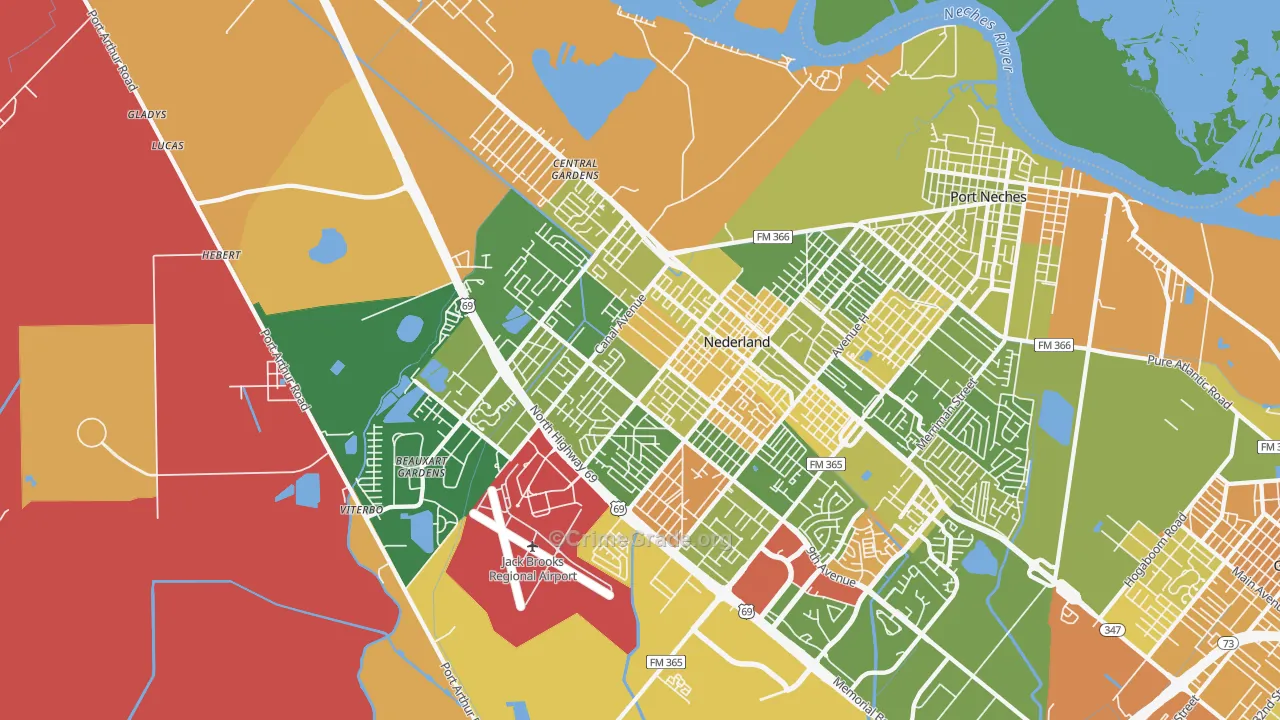 Nederland, TX Map of Robbery Rates