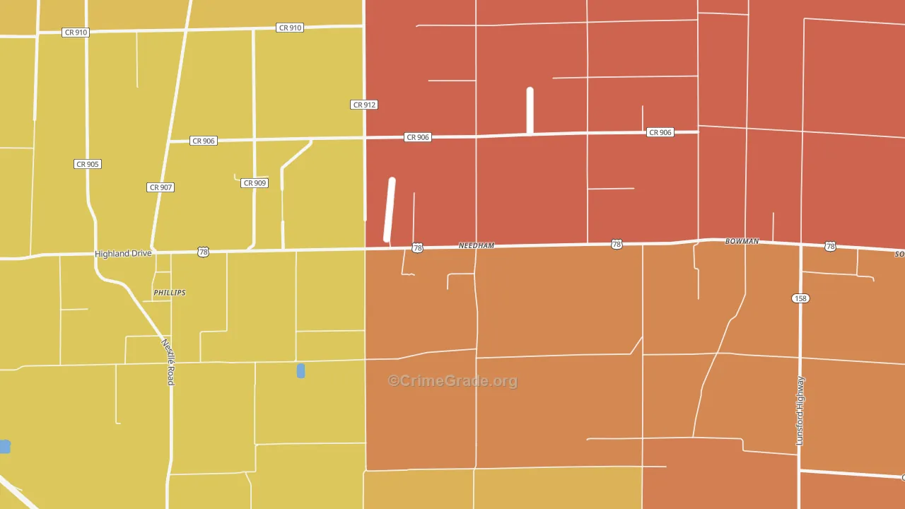 Needham, AR Map of Robbery Rates