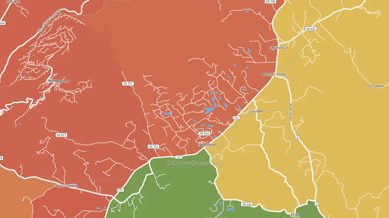 Nellysford, VA Map of Robbery Rates