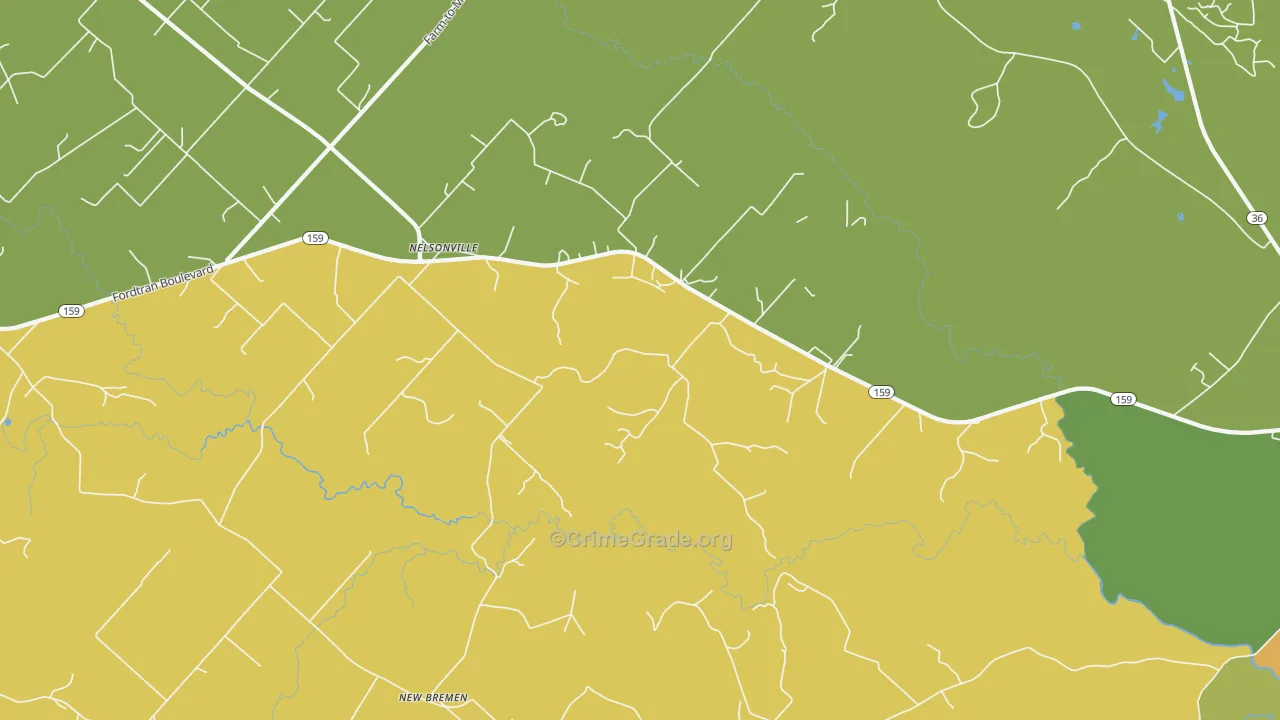 Nelsonville, TX Map of Robbery Rates