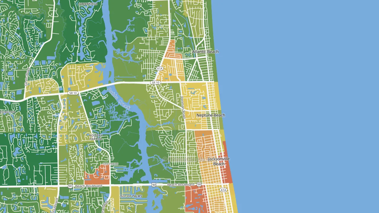 Neptune Beach, FL Map of Robbery Rates