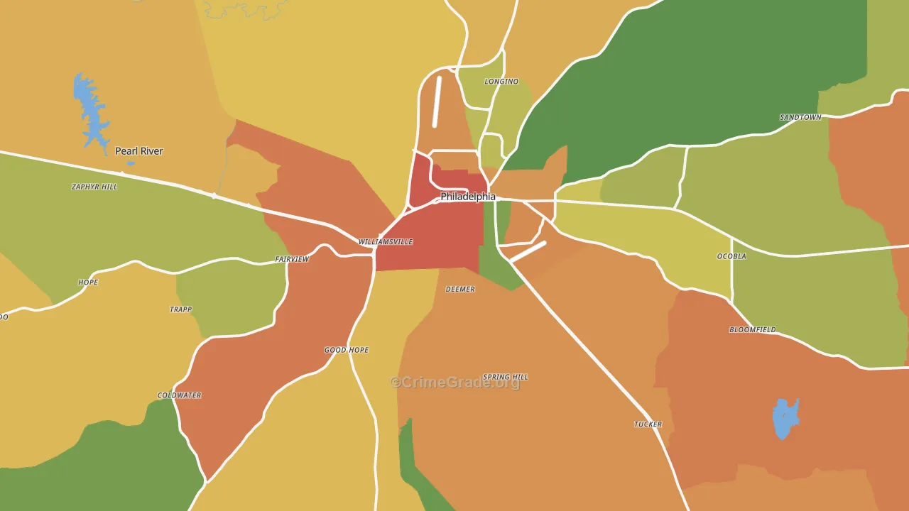 Neshoba County, MS Map of Robbery Rates