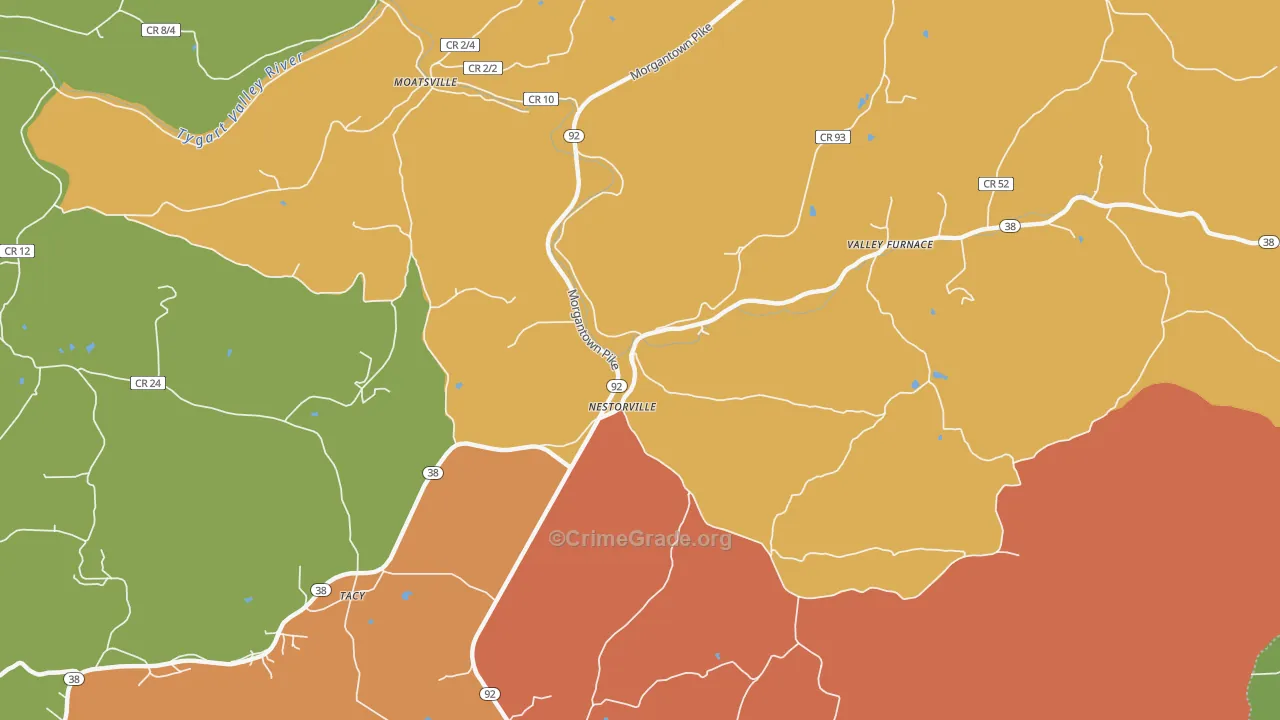 Nestorville, WV Map of Robbery Rates