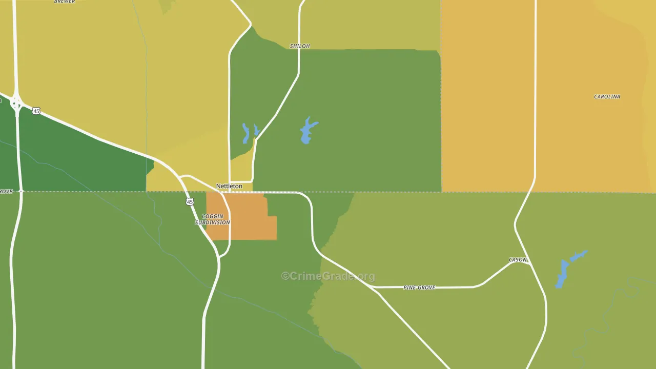 Nettleton, MS Map of Robbery Rates