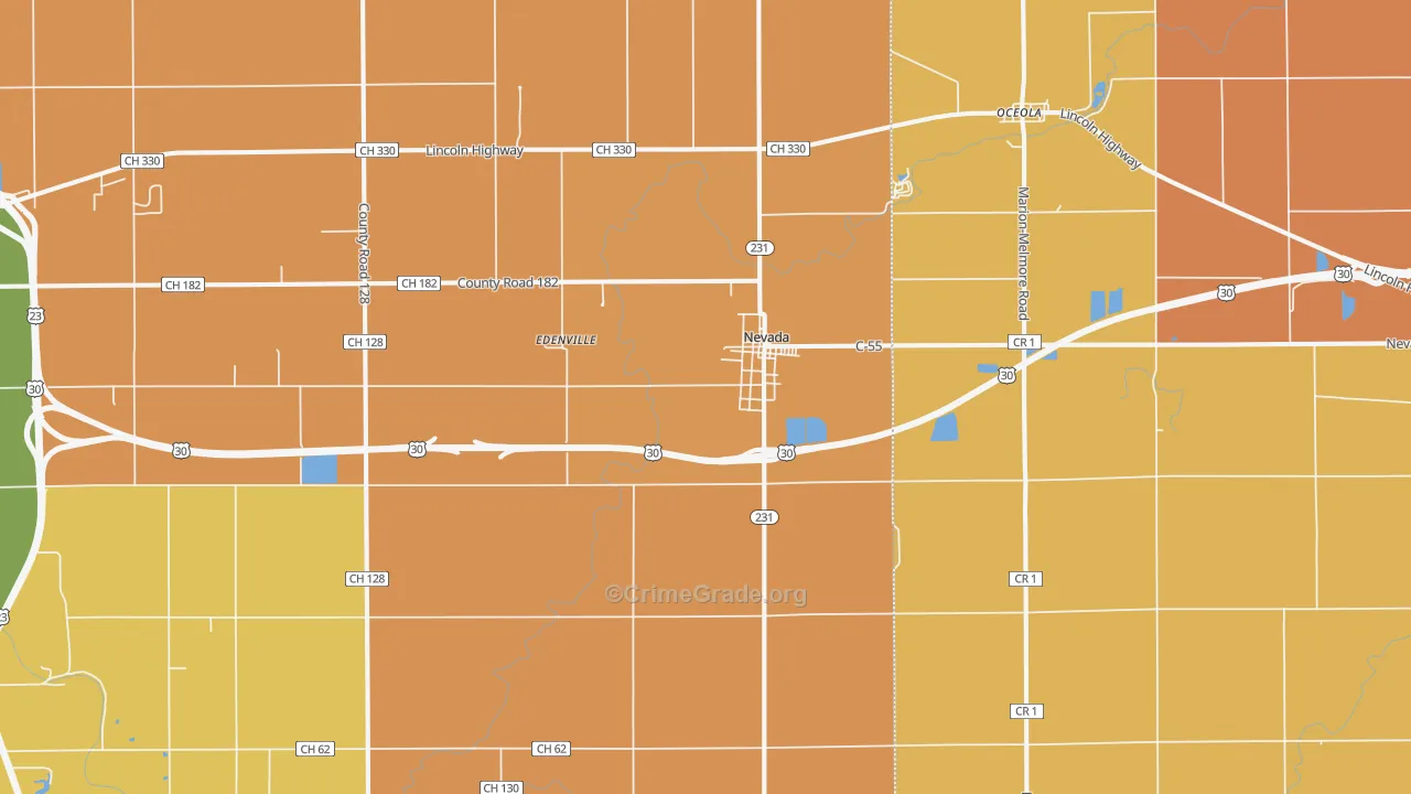 Nevada, OH Map of Robbery Rates