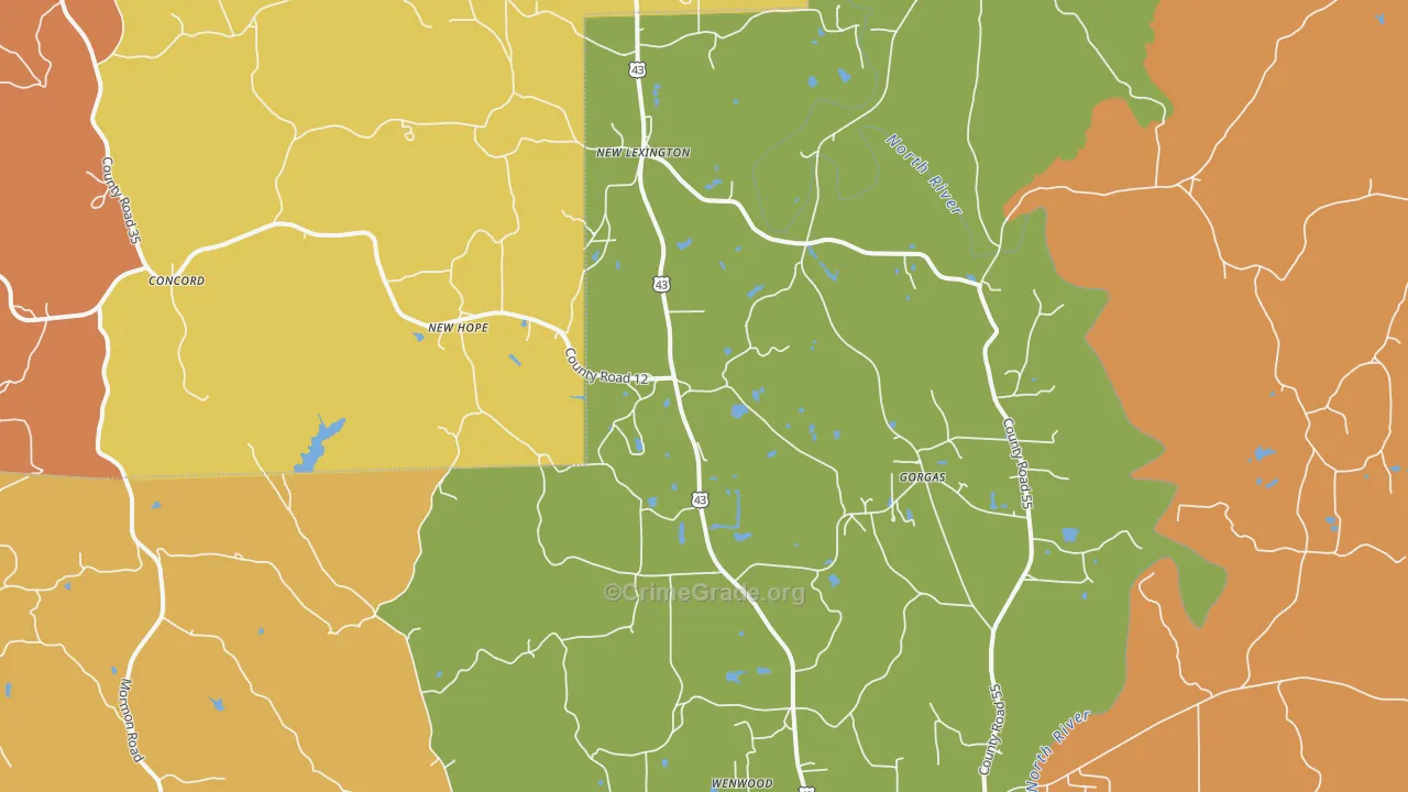 New Lexington, AL Map of Robbery Rates