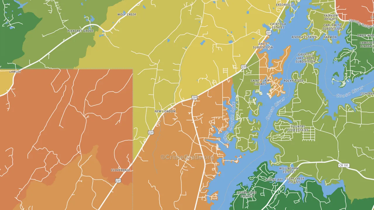 New London, AL Map of Robbery Rates