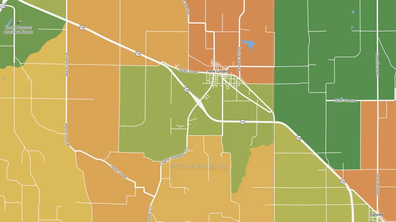 New London, IA Map of Robbery Rates