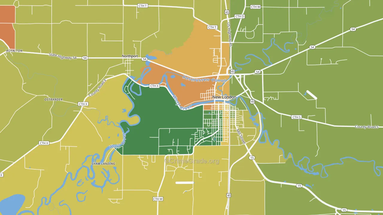 New London, WI Map of Robbery Rates