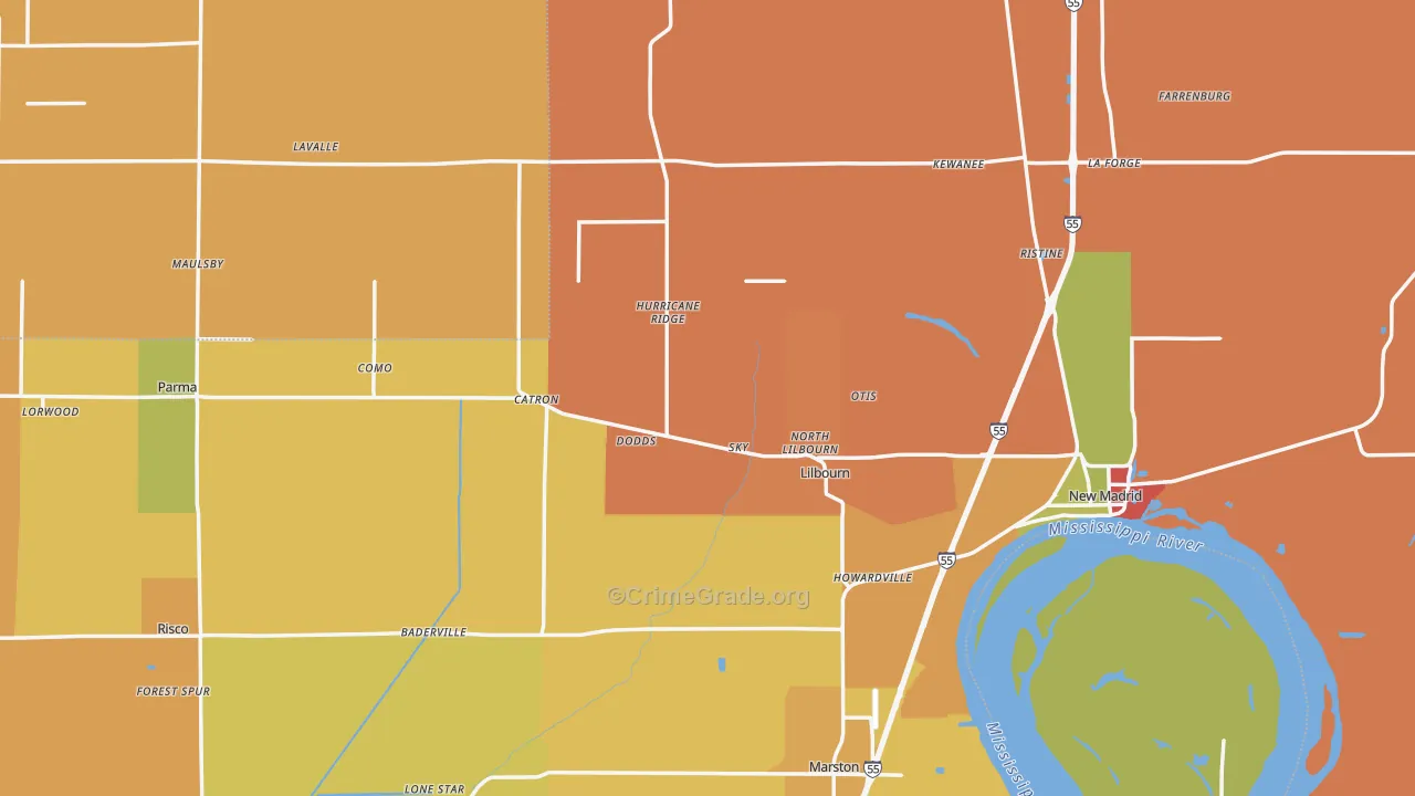 New Madrid County, MO Map of Robbery Rates