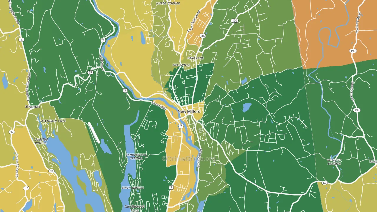 New Milford, CT Map of Robbery Rates