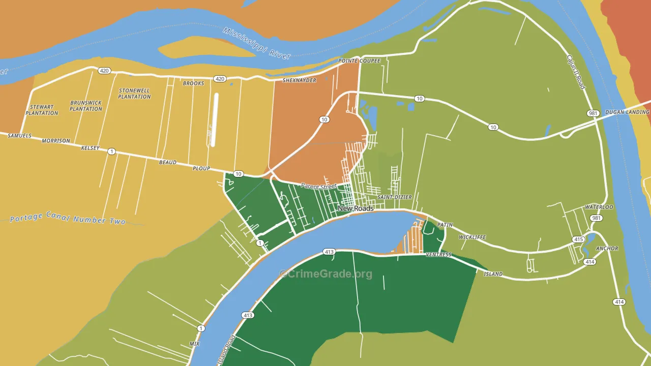 New Roads, LA Map of Robbery Rates