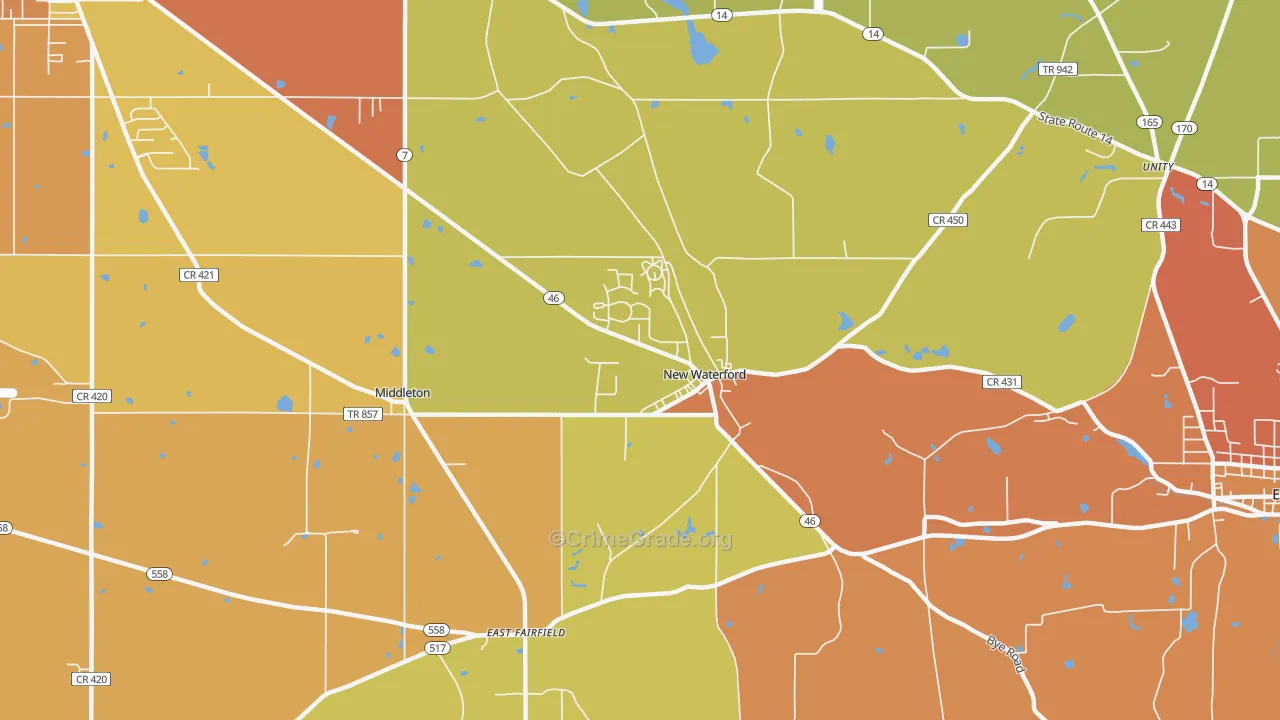 New Waterford, OH Map of Robbery Rates