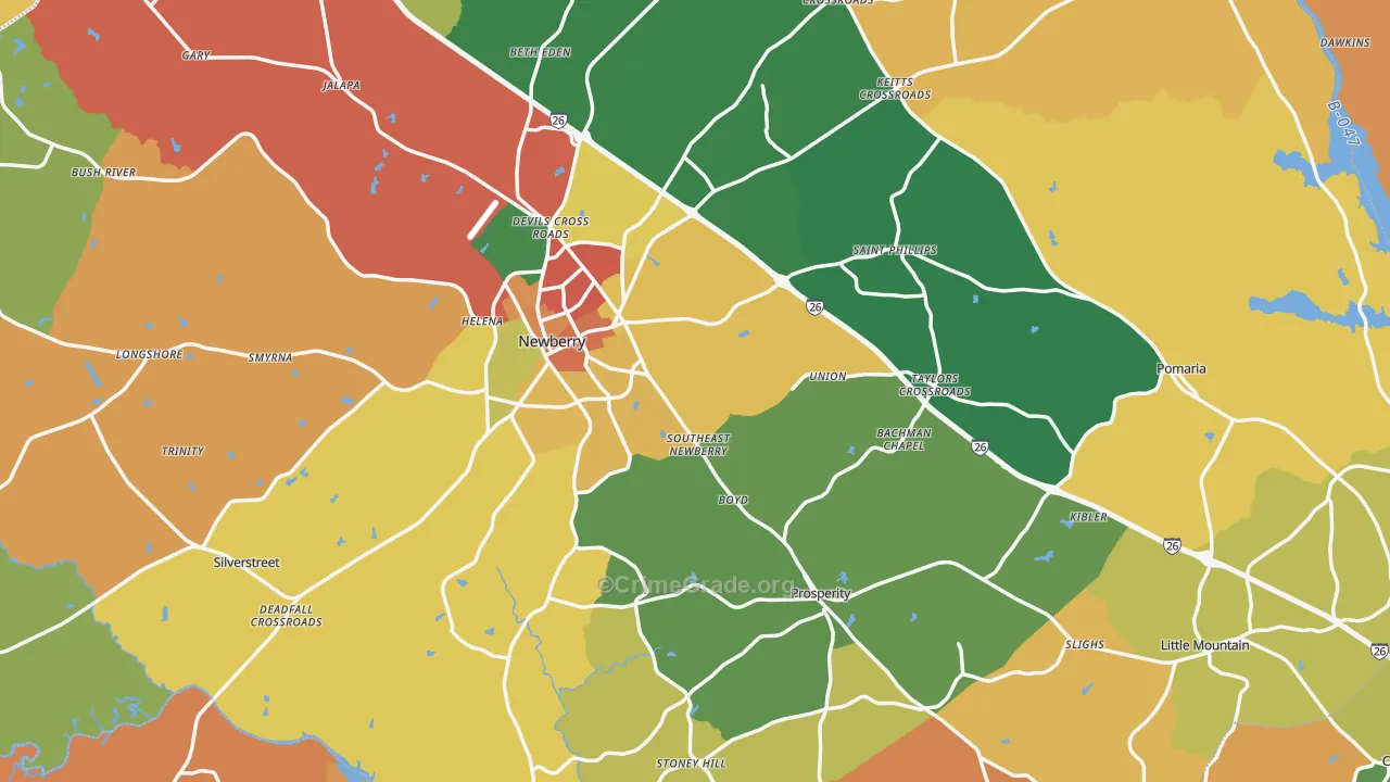 Newberry County, SC Map of Robbery Rates