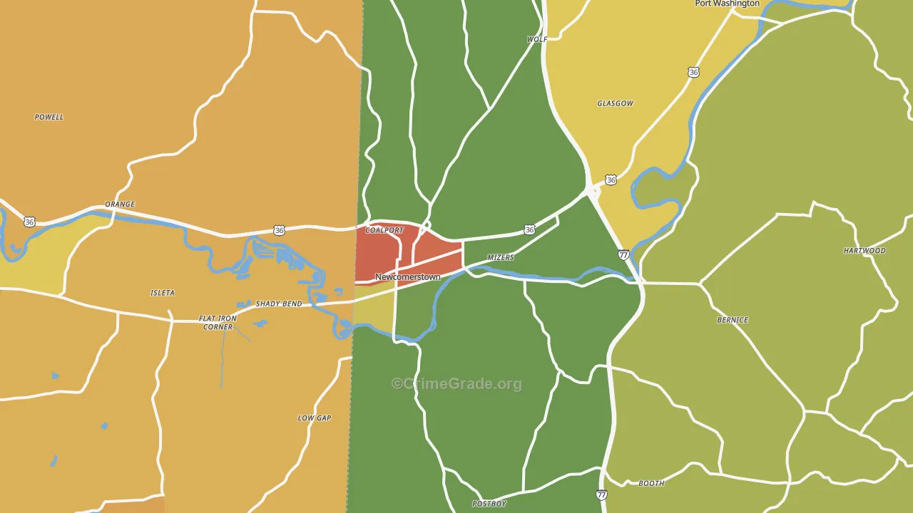 Newcomerstown, OH Map of Robbery Rates