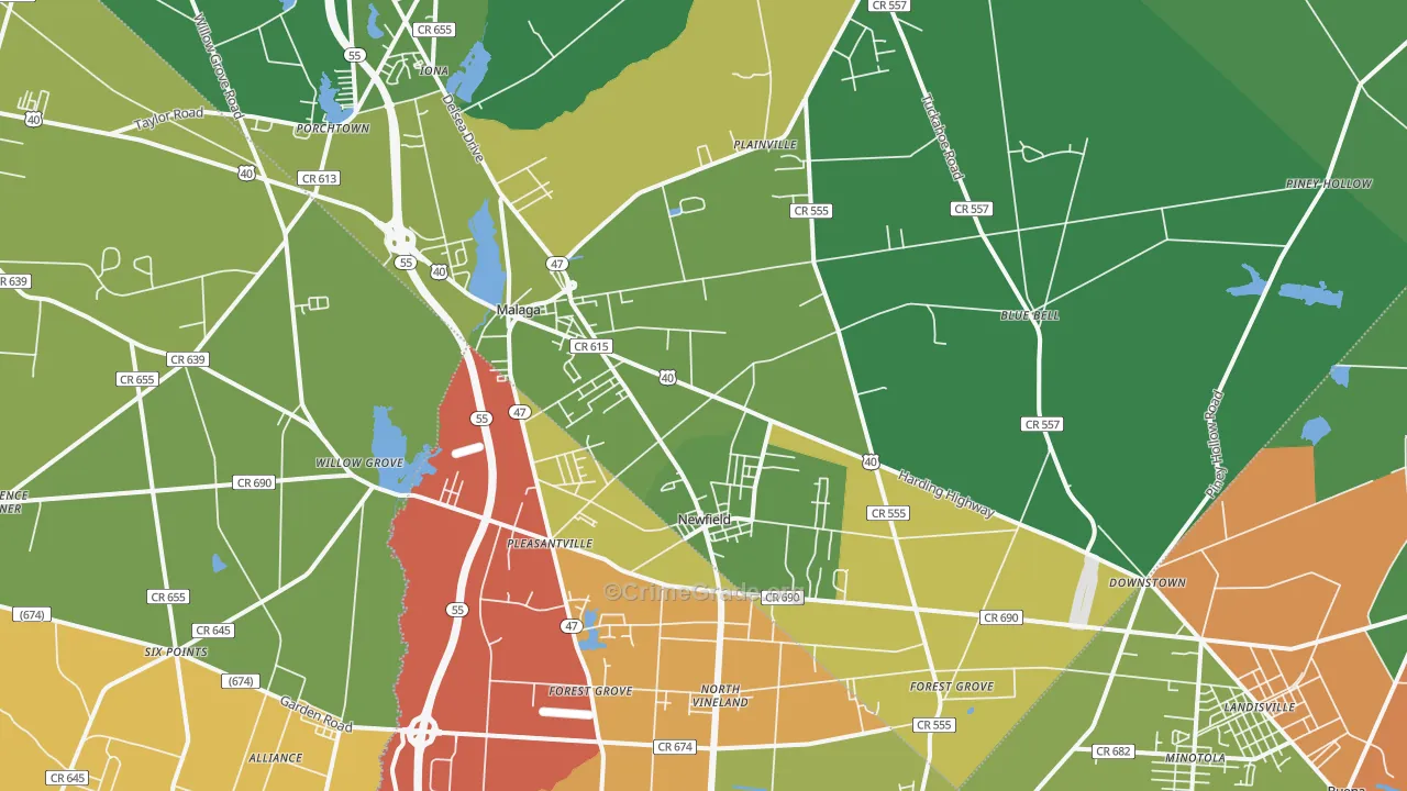 Newfield, NJ Map of Robbery Rates