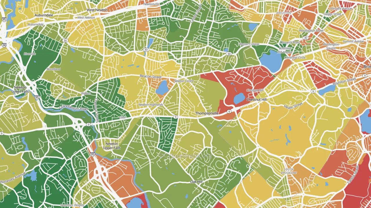 Newton Center, MA Map of Robbery Rates