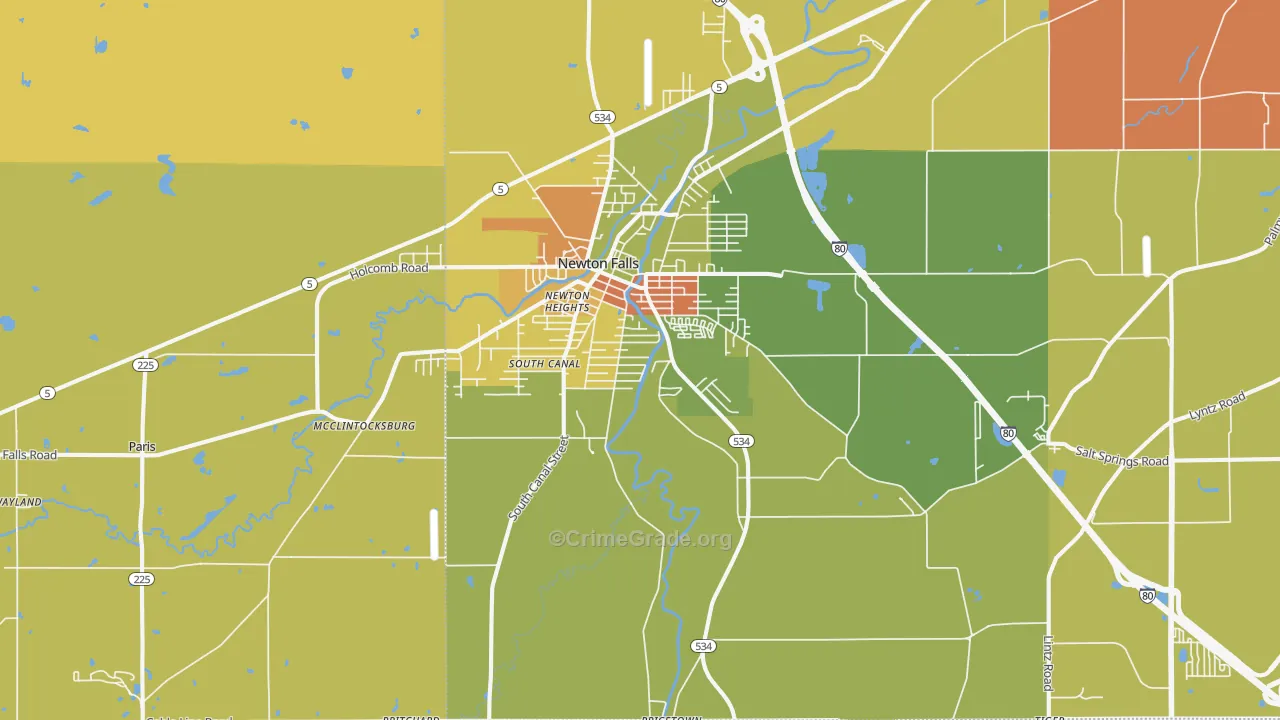 Newton Falls, OH Map of Robbery Rates