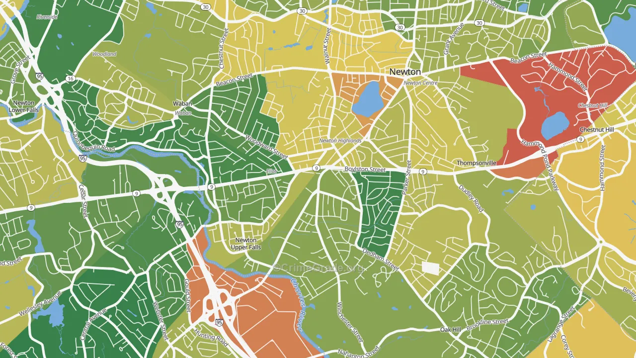 Newton Highlands, MA Map of Robbery Rates