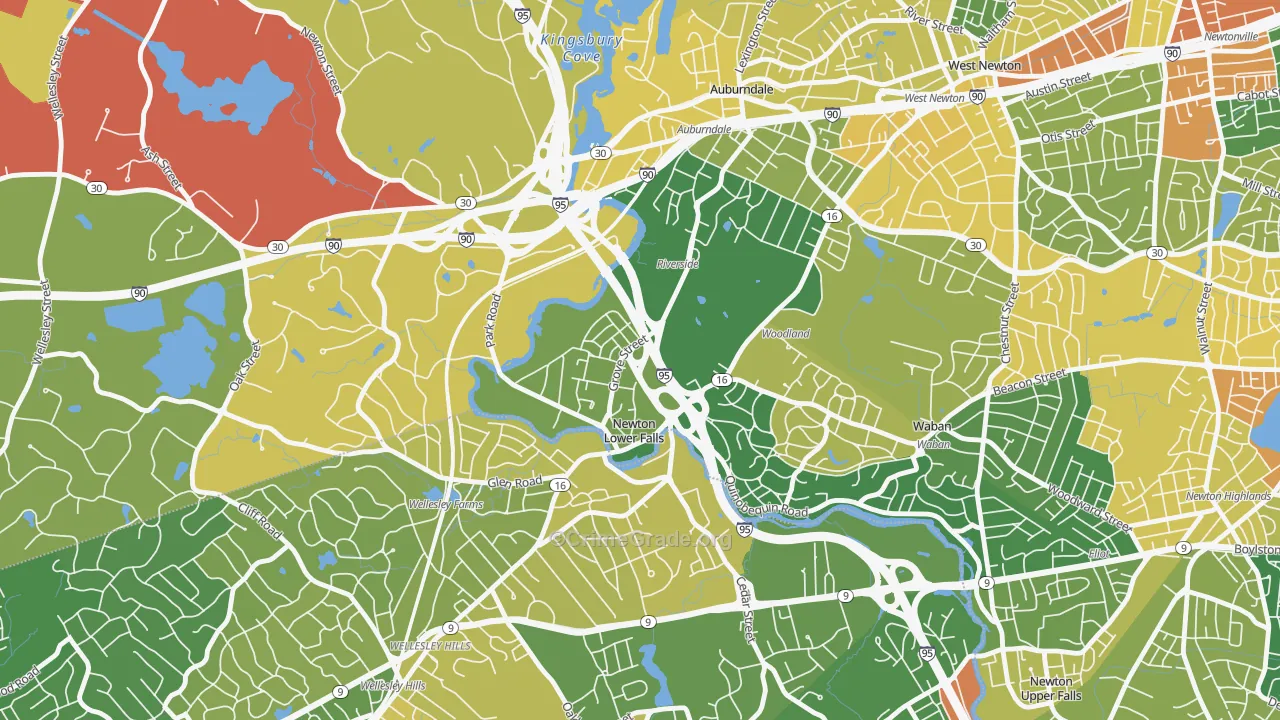 Newton Lower Falls, MA Map of Robbery Rates