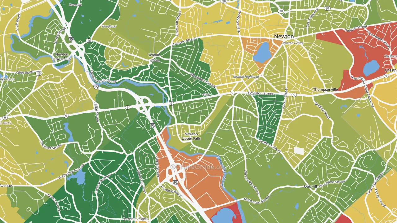 Newton Upper Falls, MA Map of Robbery Rates