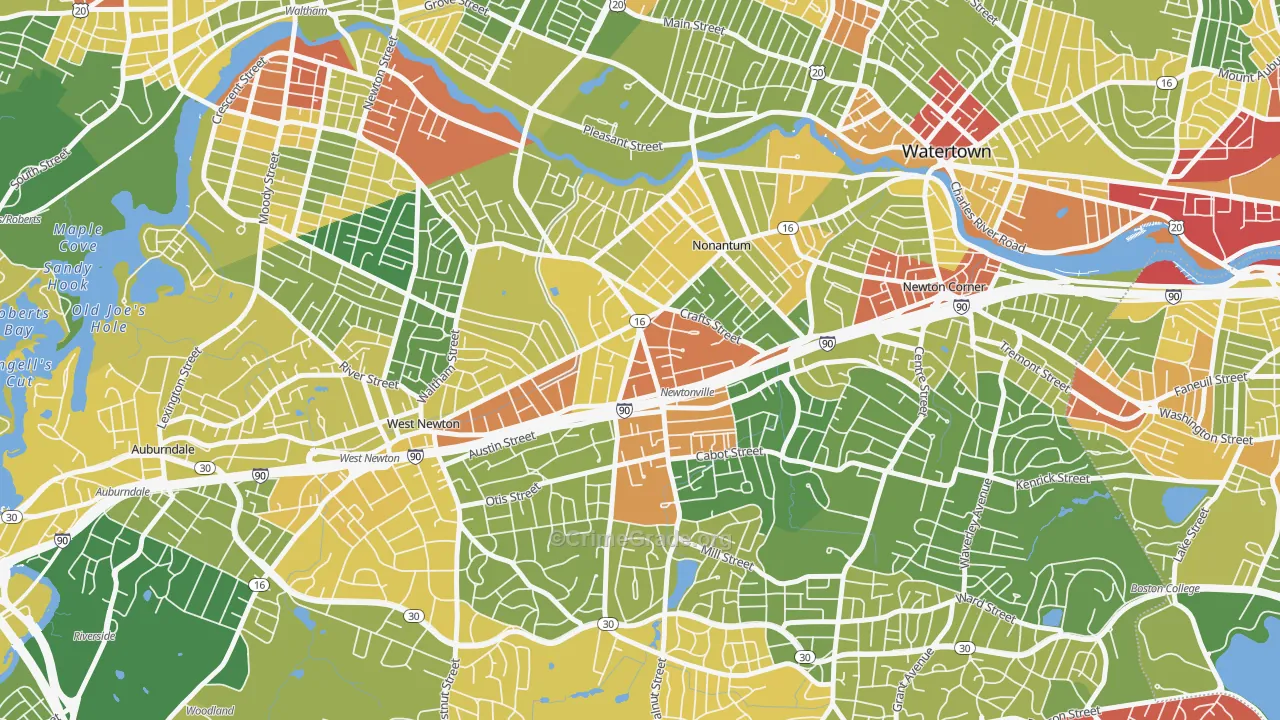 Newtonville, MA Map of Robbery Rates